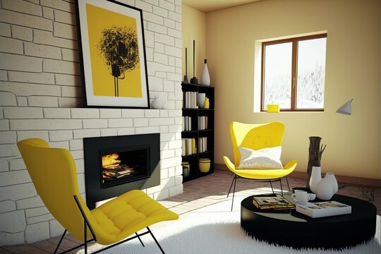  Modern home interior background, wall mock up, living room, white and yellow, fireplace