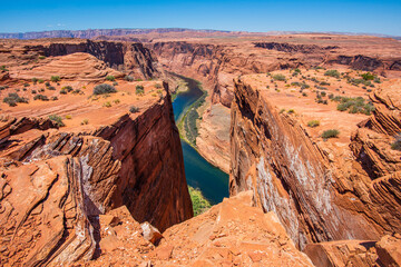 Colorado river on Horseshoe Bend, Arizona. Red rock of the canyon. Arizona and Utah desert. Rocks mountain.