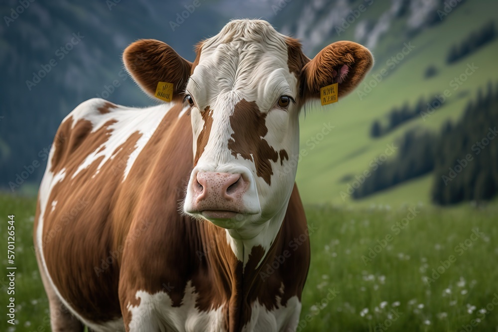 Wall mural Close-up of a brown and white cow on a green alpine meadow. High-quality photo, AI generated