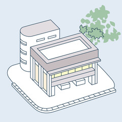 緑を背景にそびえる店舗