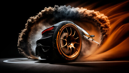 car wheel burning on asphalt and raising smoke. Generative AI