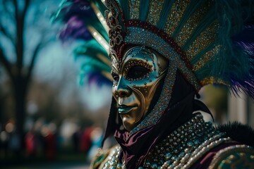 Men with traditional mardi gras face mask and costume, Mardi grass celebration scene in day, generative ai