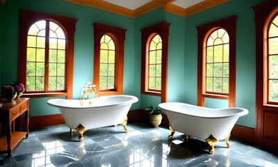 Luxury bathroom with tall windows and clawfoot bathtubs, ai generated