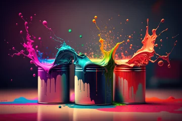 Gordijnen A can of paint on a multicolored background. Generative AI © Konstantin Yuganov