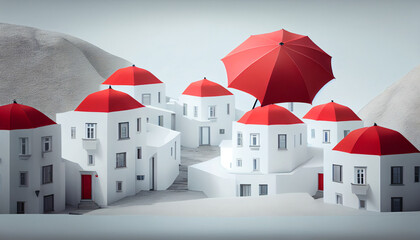 Red umbrella protecting house model. Real estate insurance concept