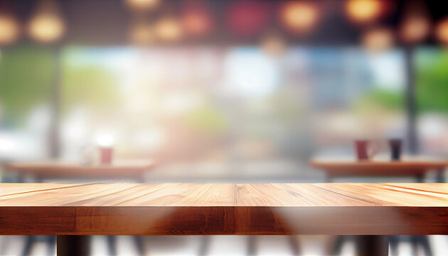 wooden table in front of abstract blurred background of resturant lights