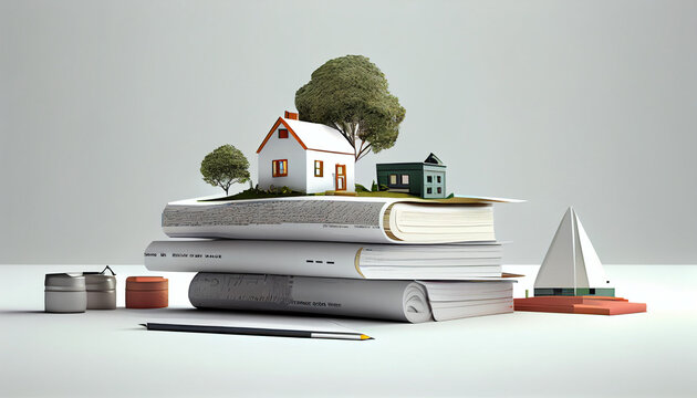 House Model And Stack Of documents On Desk concept background. copy space text blank area