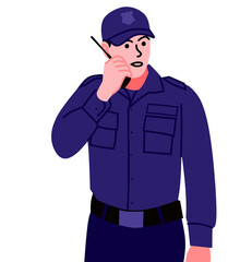 Male security officer with walkie talkie phone in hand flat design vector art illustration