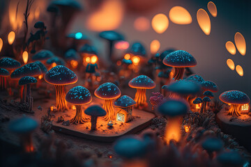 Tiny fantasy mushroom town. Generative AI.