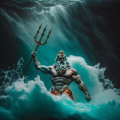 The statue of Poseidon with three forks stands in the waves