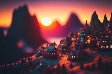 Miniature fantasy town at golden hour. Generative AI.