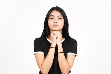 Folding arms and Begging Gesture of Beautiful Asian Woman Isolated On White Background