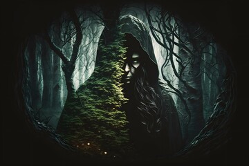 dark hodded woman hiding behind a tree created using AI Generative Technology