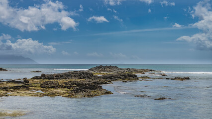 The seabed was exposed at low tide. Algae on the rocks. Foam of waves in the ocean in the distance. Blue sky with clouds. The silhouette of the island on the horizon. Seychelles. Mahe