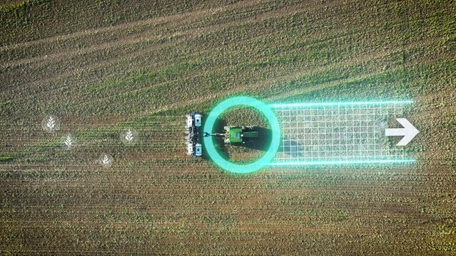 Top down aerial animation of autonomous self driving tractor planting seed in farmland field. American futuristic farming 3d motion graphic.