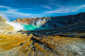 Drone view of Kawah Ijen crater in Banyuwangi Regency of East Java, Indonesia