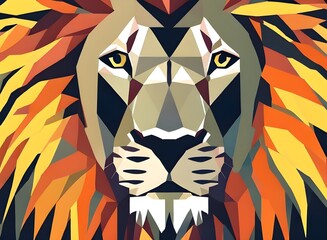 Lion illustration, bright portrait picture of a Lion, low poly, infographics, flat design. Generative AI.