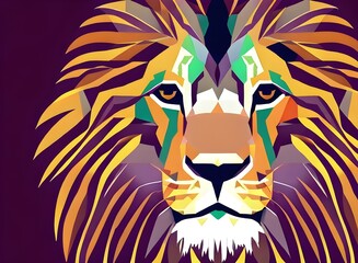 Lion illustration, bright portrait picture of a Lion, low poly, infographics, flat design. Generative AI.