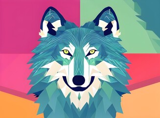Wolf illustration, bright portrait picture of a Wolf, low poly, infographics, flat design. Generative AI.