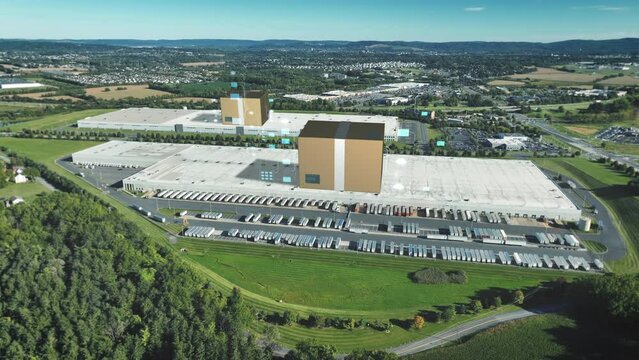 Aerial view of large warehouses in America. 3D animation of cardboard box and graphs of logistics and distribution of packages and goods. Futuristic delivery and shipping theme.