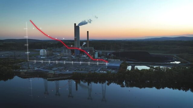 Negative, red graph animation overlay on power plant producing carbon emissions. Global warming and climate change theme. Aerial shot of coal energy facility in America. USA moving to clean energy.