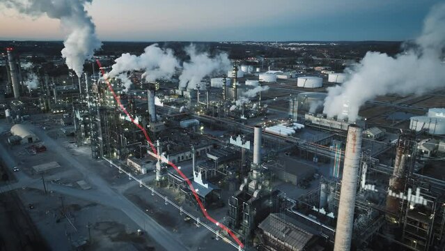 Red, negative trendline graphic over power production plant in America. USA rules and regulations for climate change end fossil fuels in power plants. Aerial view of smoke destroying environment.