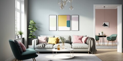 Modern and Minimalist Living Room with Pastel Colors created by Generative AI