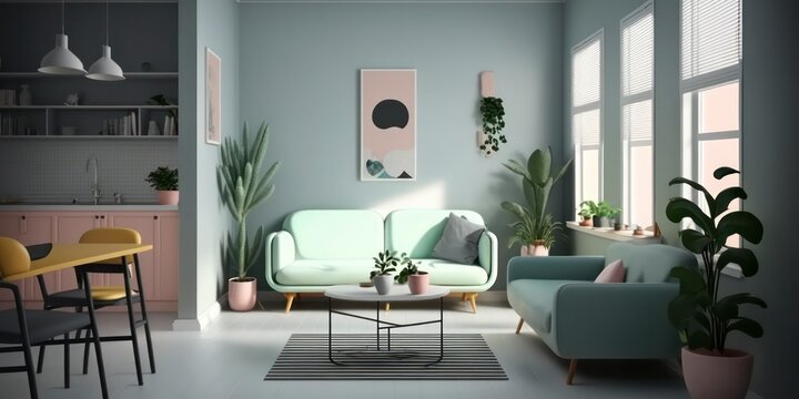 Modern and Minimalist Living Room with Pastel Colors created by Generative AI