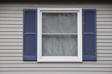 window double hung with blue shutters on house - Powered by Adobe