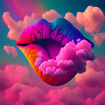 kiss the sky , rainbow lips floaing  in fluffy clouds 