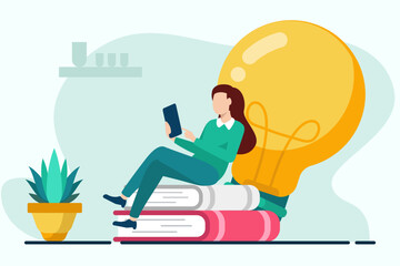 Woman sitting on a stack of books and using a tablet pc. Flat vector illustration.