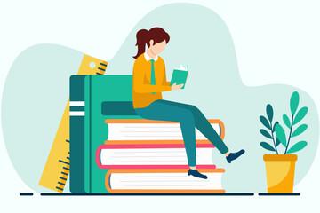 Woman sitting on a pile of books and reading a book. Flat vector illustration.