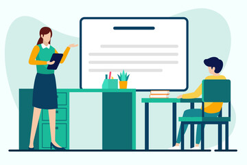Man and woman sitting at desk in office and discussing something. Vector illustration in flat style