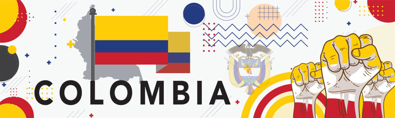 Banner  Colombia national day with map, flag colors theme background and geometric abstract retro modern blue red yellow design. Colombian theme. Bogota Vector Illustration