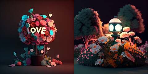 Heart made from colorful 3d flowers. Romantic night atmosphere. Valentine day composition for card and banners.