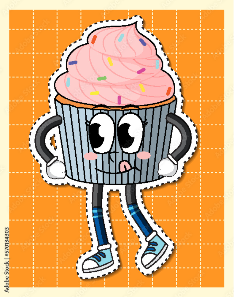 Wall mural cute cupcake cartoon character on grid background