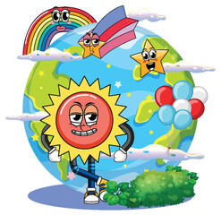 Naklejka premium Earth globe with funny cartoon characters