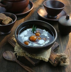 serving a bowl of starch balls with brown sugar sauce and coconut milk on a wooden tray