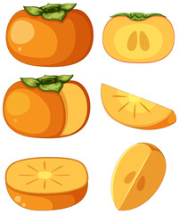 Persimmon in whole and sliced pieces