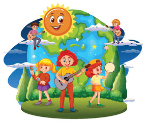 Obraz na płótnie Canvas Children playing music on earth globe