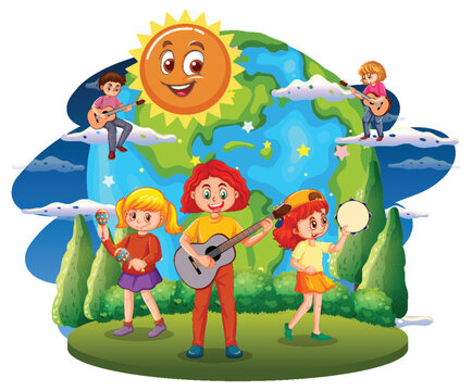Children playing music on earth globe