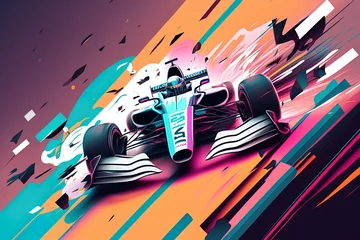 Zelfklevend Fotobehang Futuristic racing formula at fast ride to finish. Post product generative AI digital illustration. Racing car in motion, Powerful acceleration of a car on a night track with colorful lights and trails © Dong Nhat Huy
