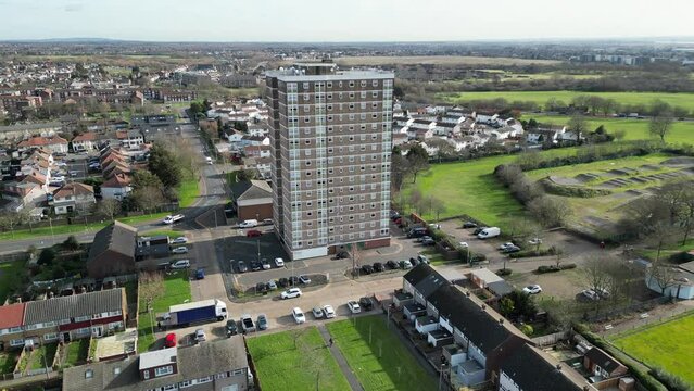 1060s style Tower block Dagenham London UK Drone, Aerial, view from air,
