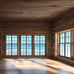A minimalist shiplap office with a large window1, Generative AI