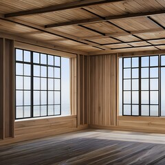 A minimalist shiplap office with a large window3, Generative AI