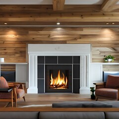 A shiplap fireplace with a reclaimed wood mantle1, Generative AI