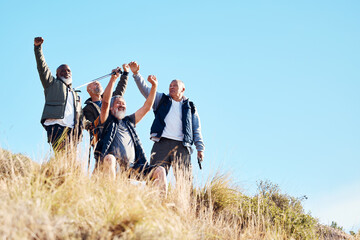 Senior, men and hiking success in nature, celebration and victory, cheering and happy on blue sky...
