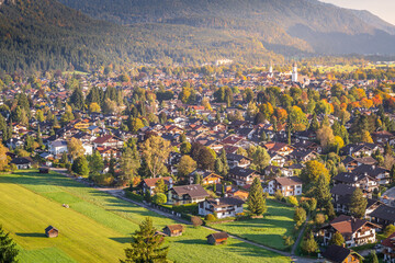 Fototapeta na wymiar Garmisch Partenkirchen cityscape from above at sunrise, Bavaria, Germany