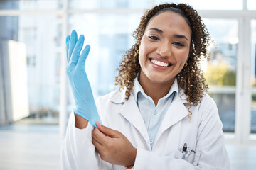 Naklejka na ściany i meble Black woman, scientist and medical research, gloves and hand, smile in portrait with safety and health science. Healthcare, doctor and investigation, forensic analysis with test, experiment and PPE