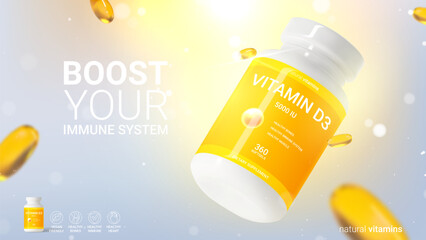 Minimalistic ad banner of vitamin d3. 3d vector illustration of dietary supplement. Ad banner with realistic bottle and softgels for promotion of vitamin d3. Concept of healthy immune system.